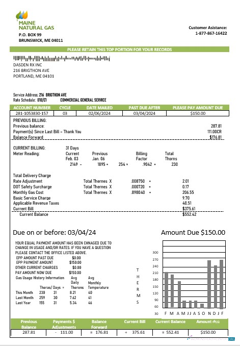 USA Maine Natural Gas Portland business utility bill template in Word and PDF formats